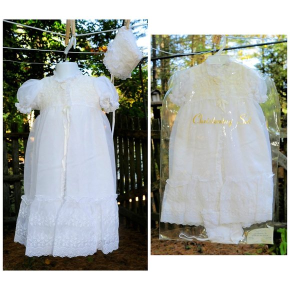 VTG Ivory Christening Baptismal 4-Piece Outfit Gown/Set 0-6M - Picture 2 of 13